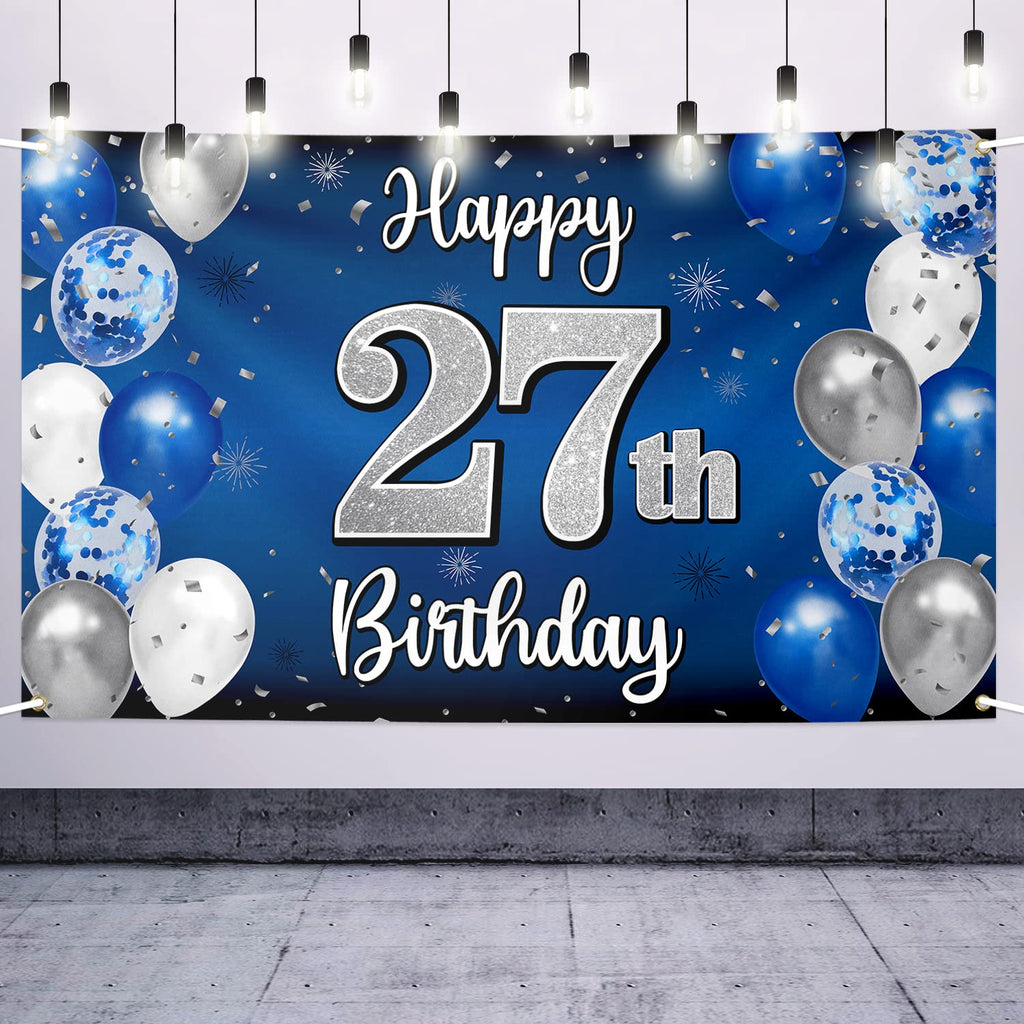 Nelbiirth Happy 27th Birthday Decorations - Blue & Silver Balloon Backdrop, Large 27th Banner & Party Sign