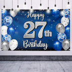 Nelbiirth Happy 27th Birthday Decorations - Blue & Silver Balloon Backdrop, Large 27th Banner & Party Sign
