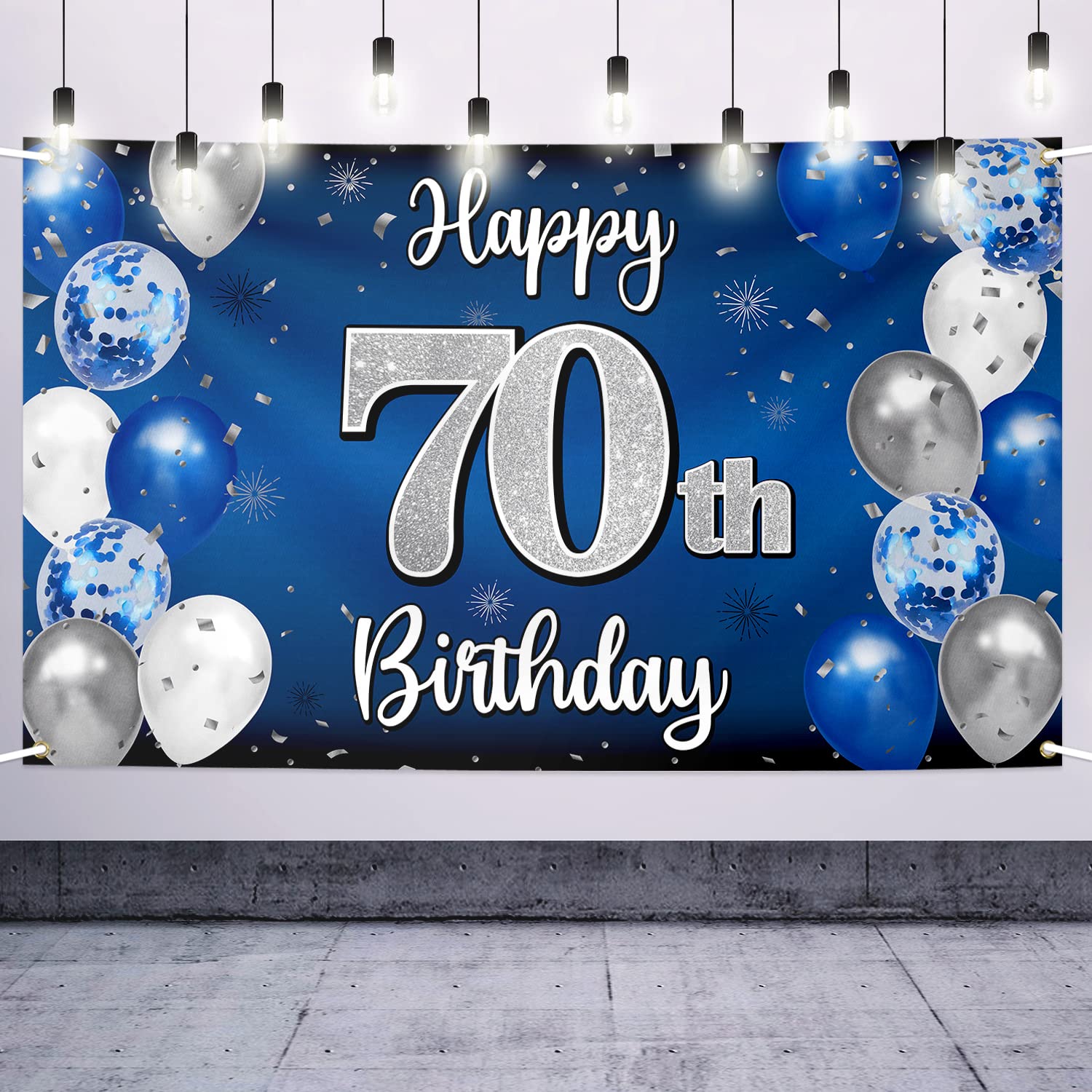 Nelbiirth Happy 70th Birthday Decorations – Blue & Silver Backdrop Banner for Seventy Years Celebration