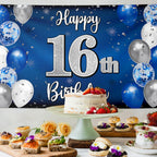 Nelbiirth Happy 16th Birthday Banner Blue & Silver Backdrop