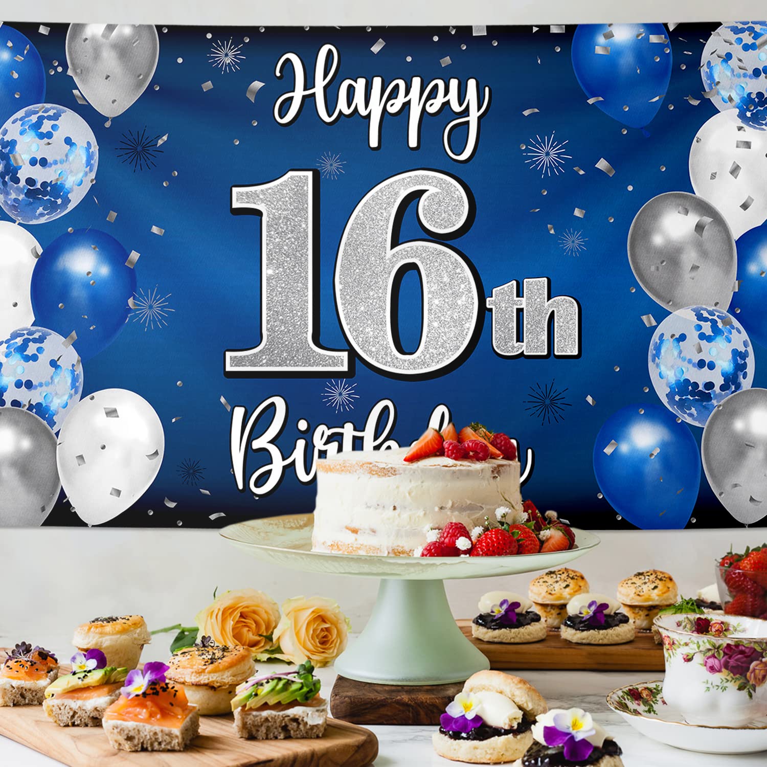 Nelbiirth Happy 16th Birthday Banner Blue & Silver Backdrop