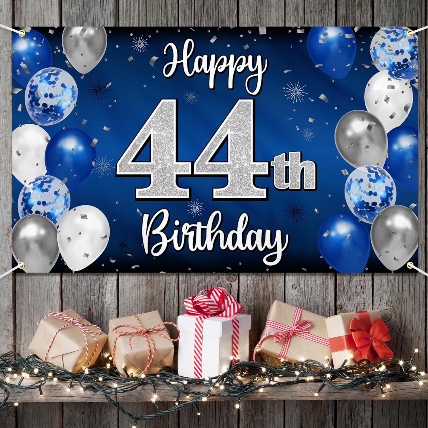 Nelbiirth 44th Birthday Banner Backdrop - Blue & Silver