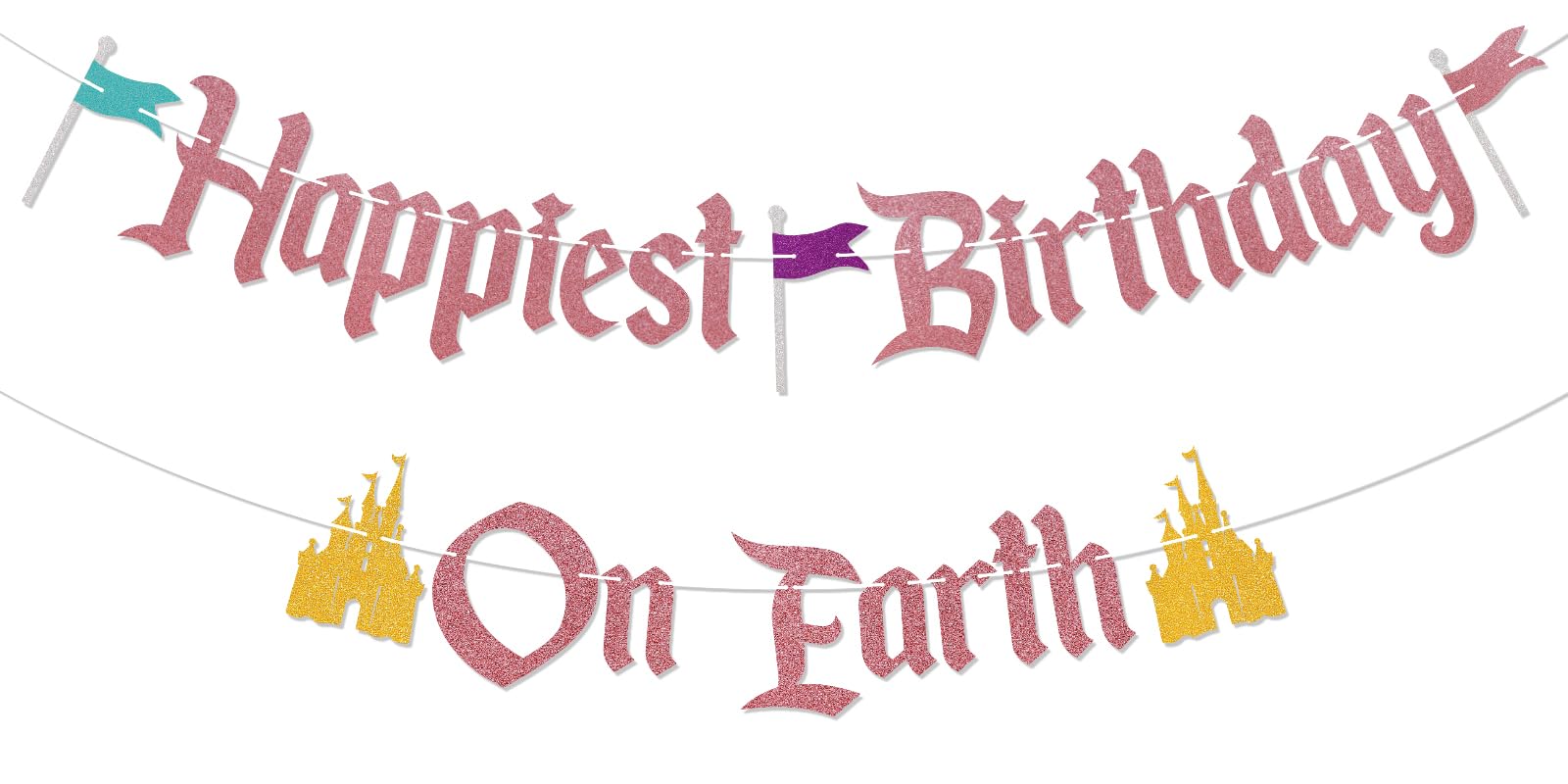 Nesinpa Happiest Birthday On Earth Banner – Castle Theme, Rose Gold