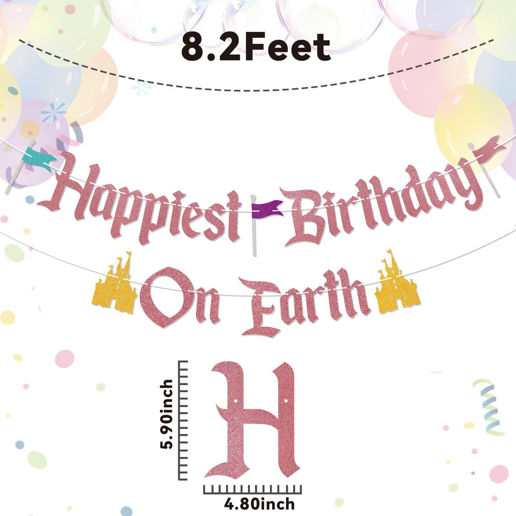 Nesinpa Happiest Birthday On Earth Banner – Castle Theme, Rose Gold
