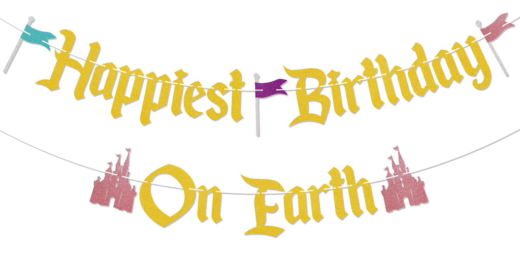 Nesinpa Happiest Birthday On Earth Banner – Castle Theme Gold Glitter Party Decor
