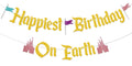 Nesinpa Happiest Birthday On Earth Banner – Castle Theme Gold Glitter Party Decor