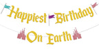 Nesinpa Happiest Birthday On Earth Banner – Castle Theme Gold Glitter Party Decor