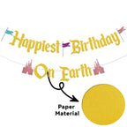 Nesinpa Happiest Birthday On Earth Banner – Castle Theme Gold Glitter Party Decor