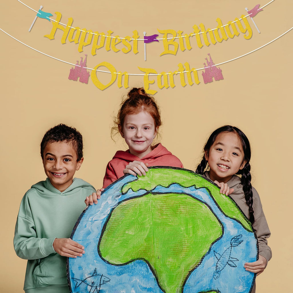 Nesinpa Happiest Birthday On Earth Banner – Castle Theme Gold Glitter Party Decor