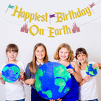 Nesinpa Happiest Birthday On Earth Banner – Castle Theme Gold Glitter Party Decor