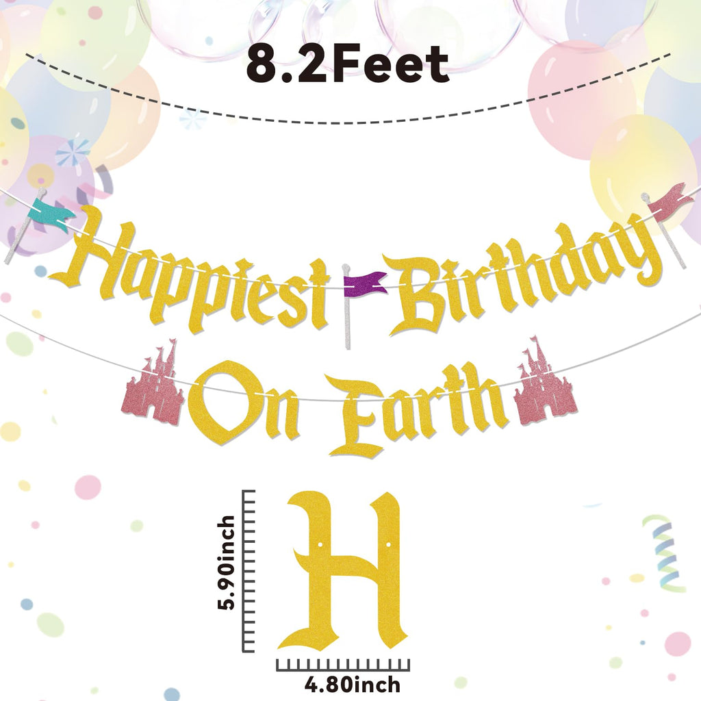 Nesinpa Happiest Birthday On Earth Banner – Castle Theme Gold Glitter Party Decor