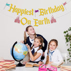 Nesinpa Happiest Birthday On Earth Banner – Castle Theme Gold Glitter Party Decor