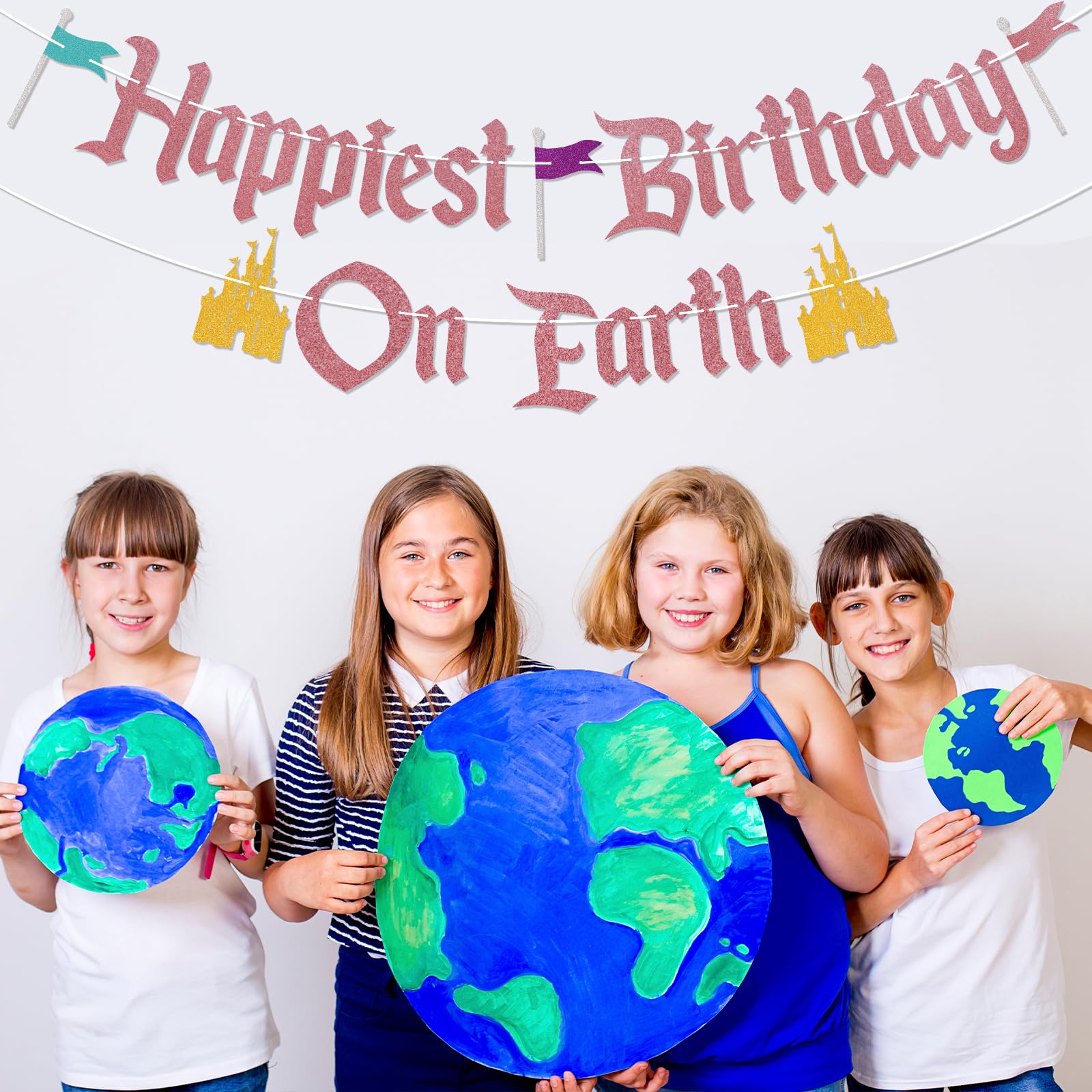 Nesinpa Happiest Birthday On Earth Banner – Castle Theme, Rose Gold