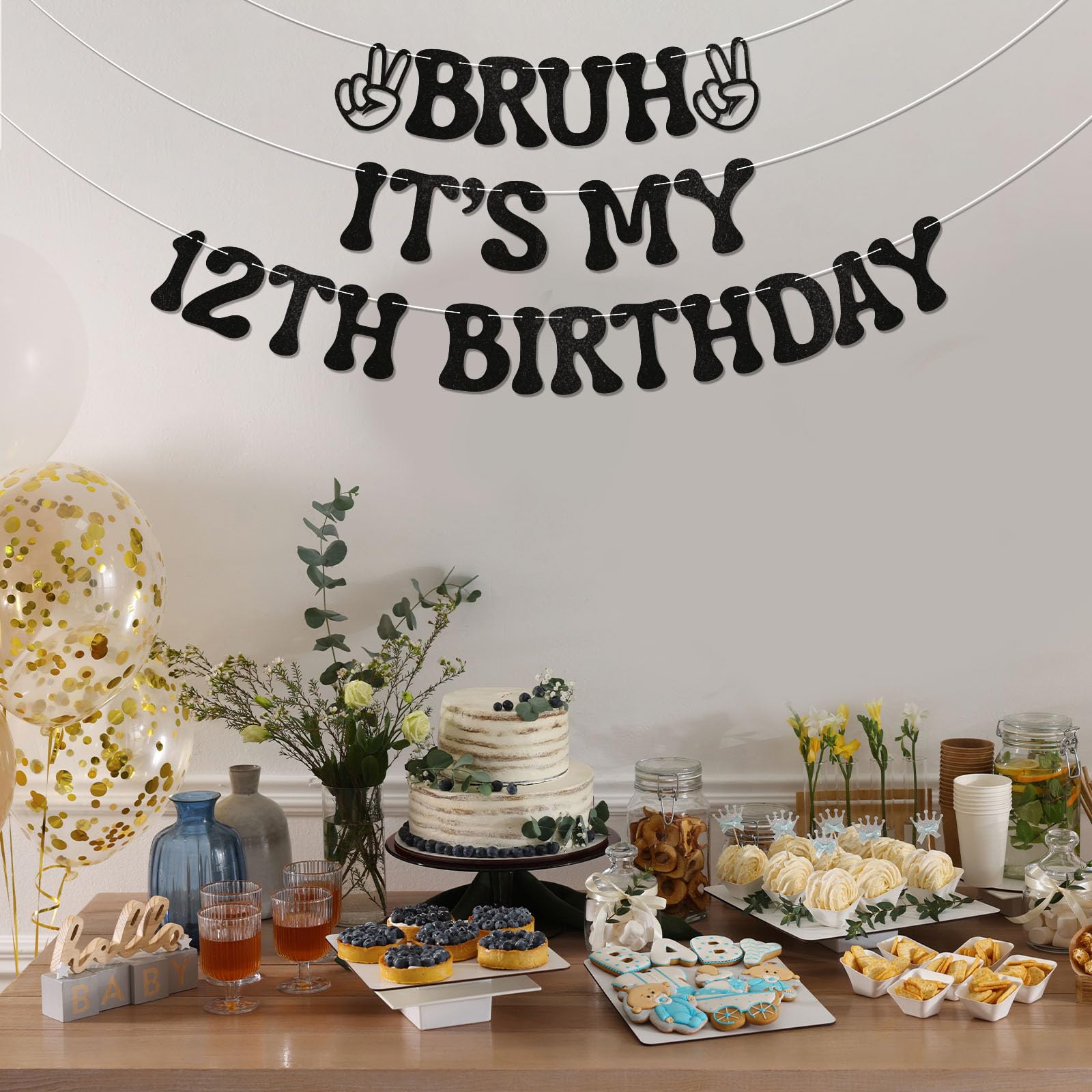 Nesinpa Bruh It's My 12th Birthday Banner | Glitter Black Teen Party Decor