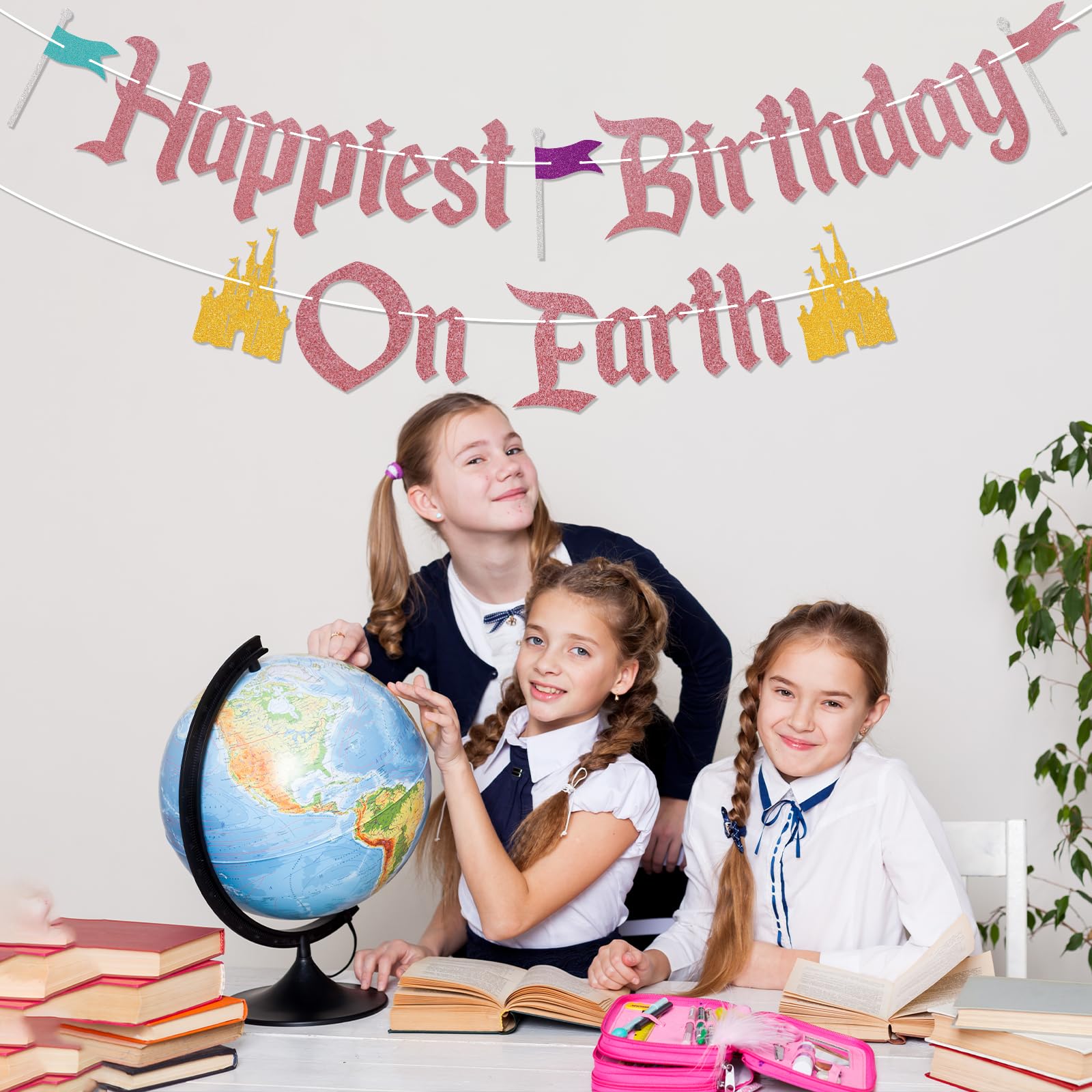 Nesinpa Happiest Birthday On Earth Banner – Castle Theme, Rose Gold