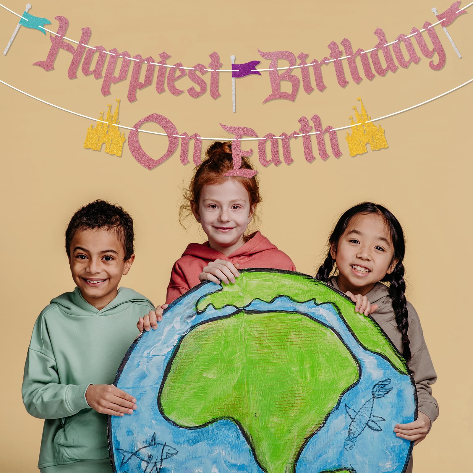 Nesinpa Happiest Birthday On Earth Banner – Castle Theme, Rose Gold