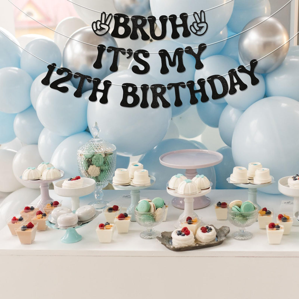 Nesinpa Bruh It's My 12th Birthday Banner | Glitter Black Teen Party Decor