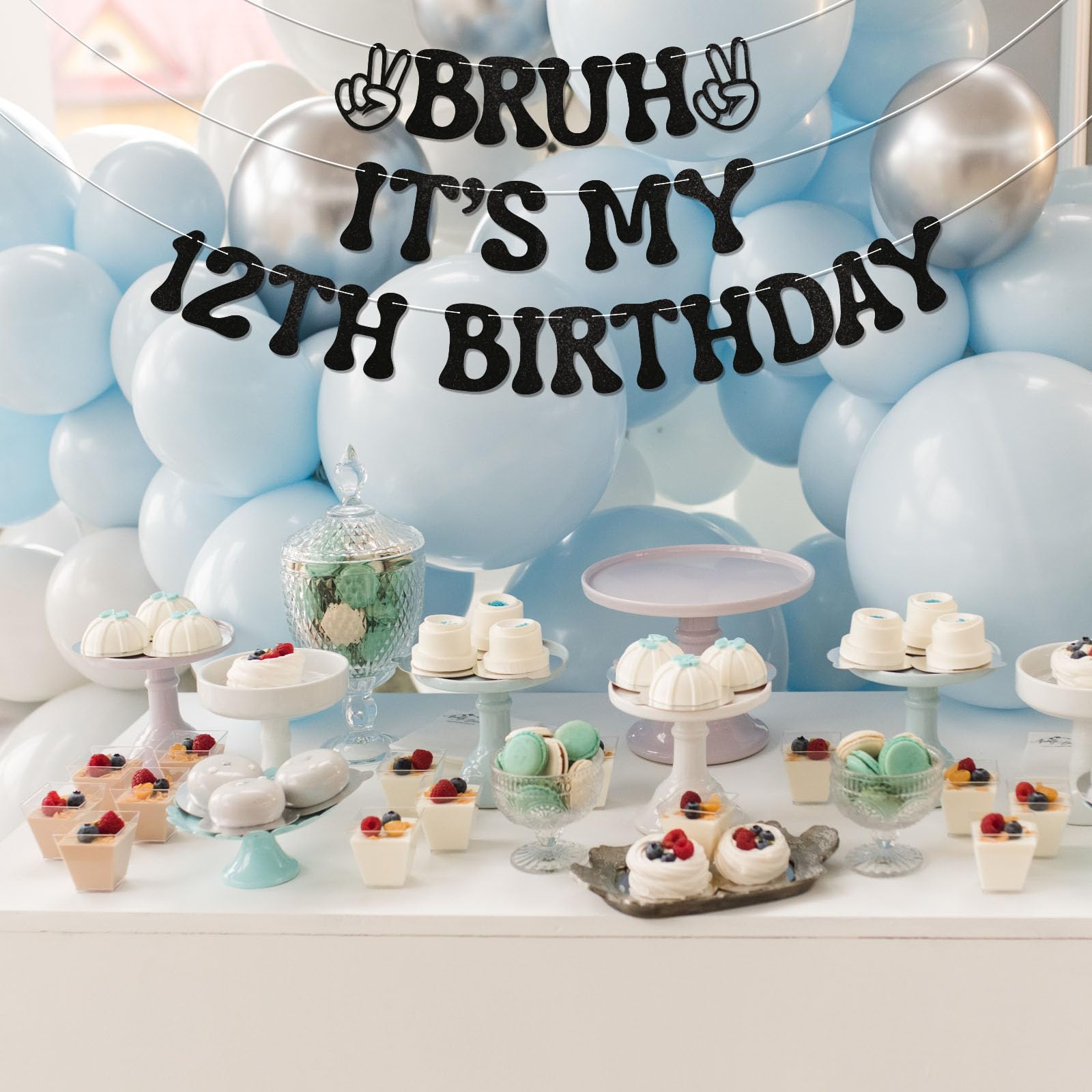 Nesinpa Bruh It's My 12th Birthday Banner | Glitter Black Teen Party Decor