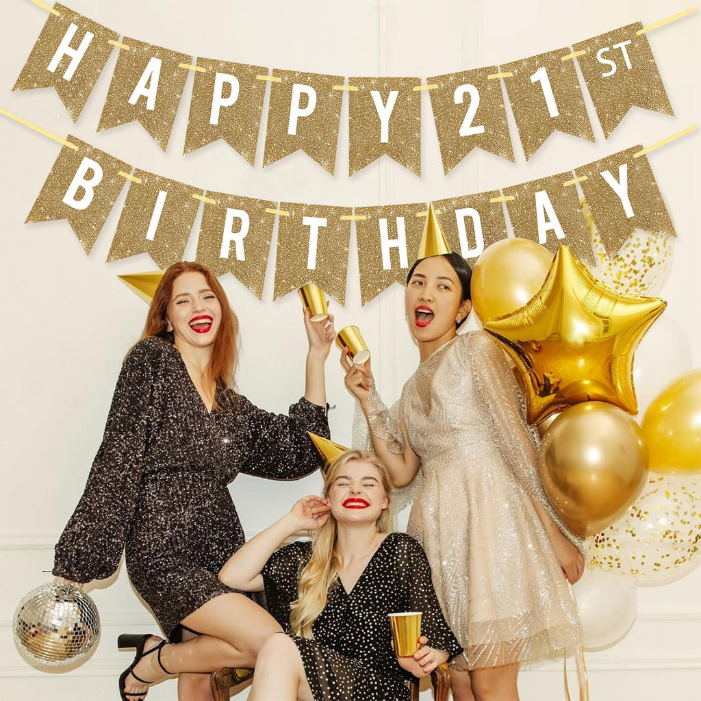 Netnology Gold Happy 21st Birthday Banner – Pre-Strung, 12 ft Glittery Party Sign