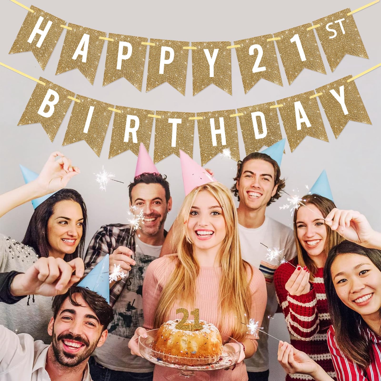 Netnology Gold Happy 21st Birthday Banner – Pre-Strung, 12 ft Glittery Party Sign