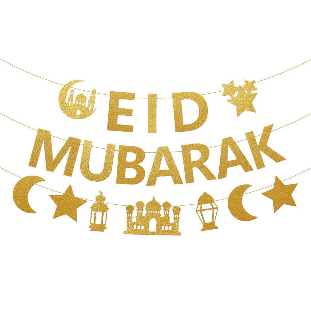 Netnology Eid Mubarak Banner - 10ft Gold Glitter Moon Star Mosque, No DIY Required
