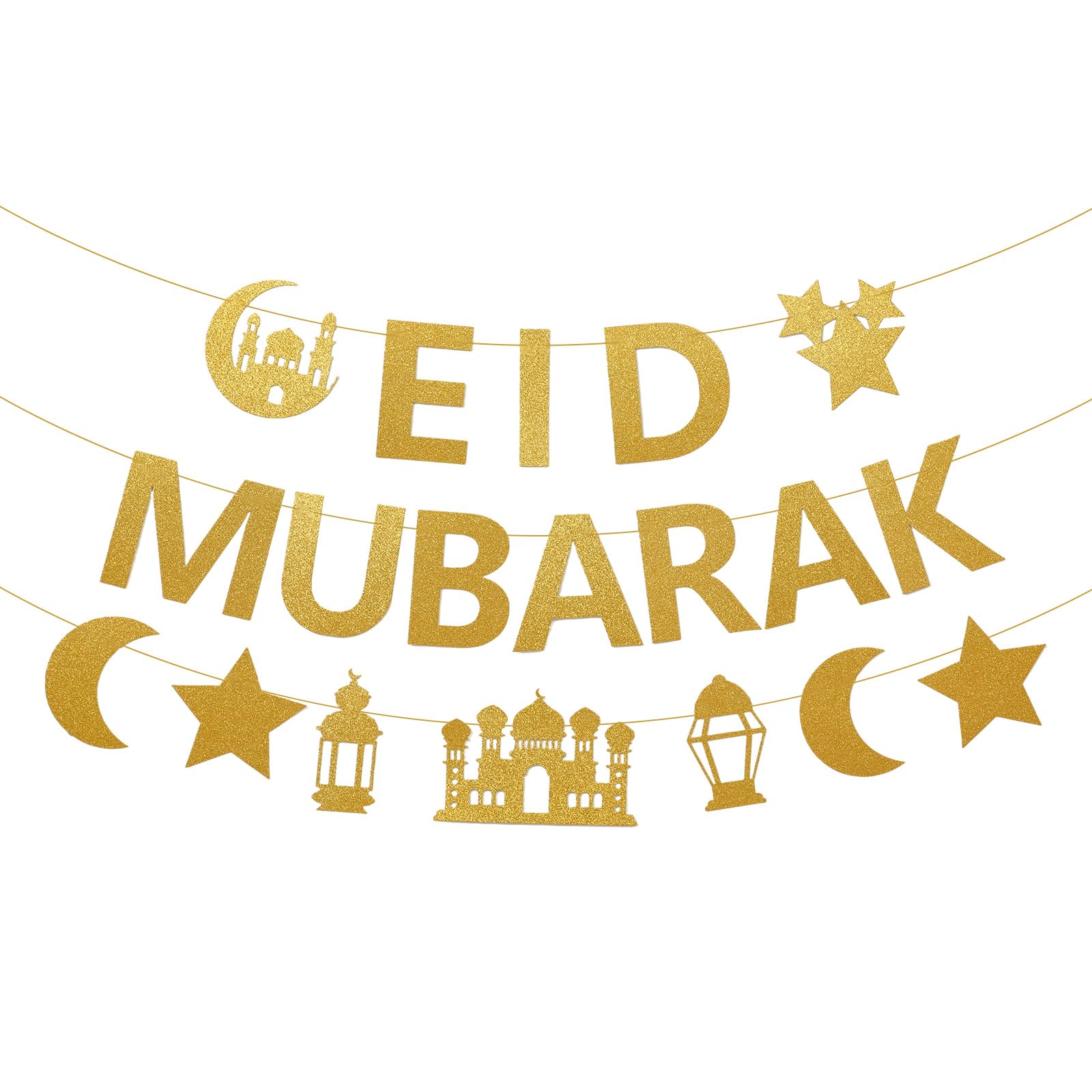 Netnology Eid Mubarak Banner - 10ft Gold Glitter Moon Star Mosque, No DIY Required