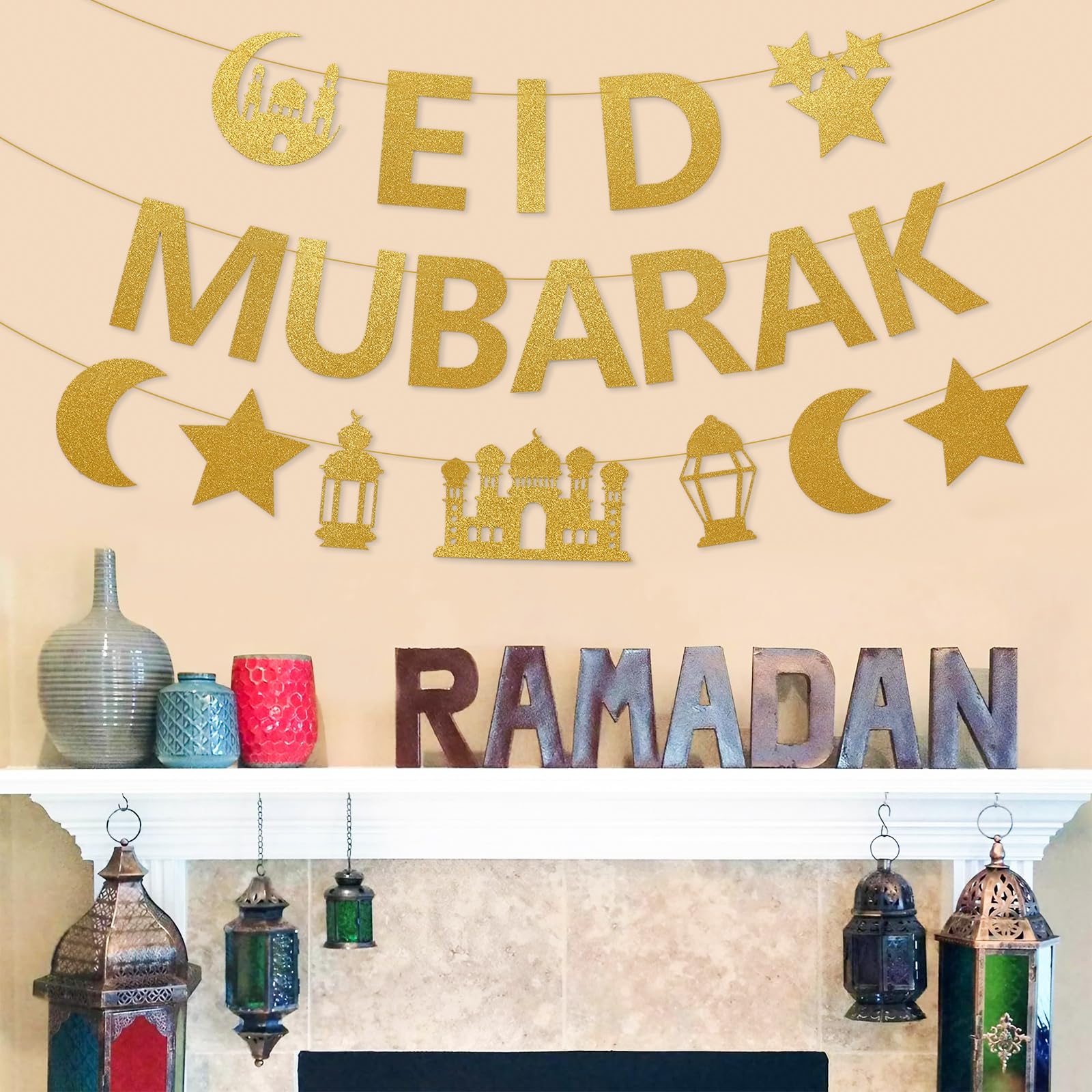 Netnology Eid Mubarak Banner - 10ft Gold Glitter Moon Star Mosque, No DIY Required