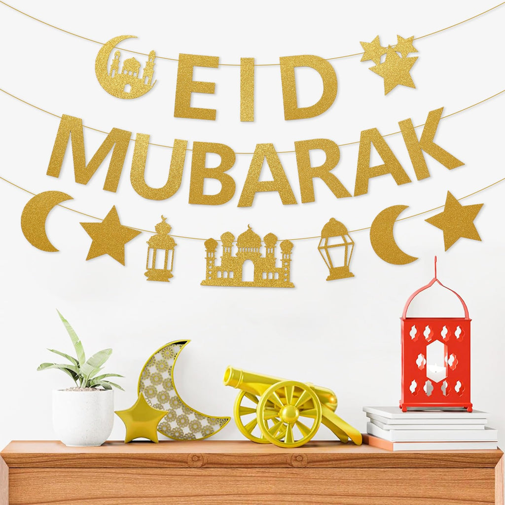 Netnology Eid Mubarak Banner - 10ft Gold Glitter Moon Star Mosque, No DIY Required