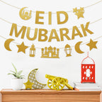 Netnology Eid Mubarak Banner - 10ft Gold Glitter Moon Star Mosque, No DIY Required