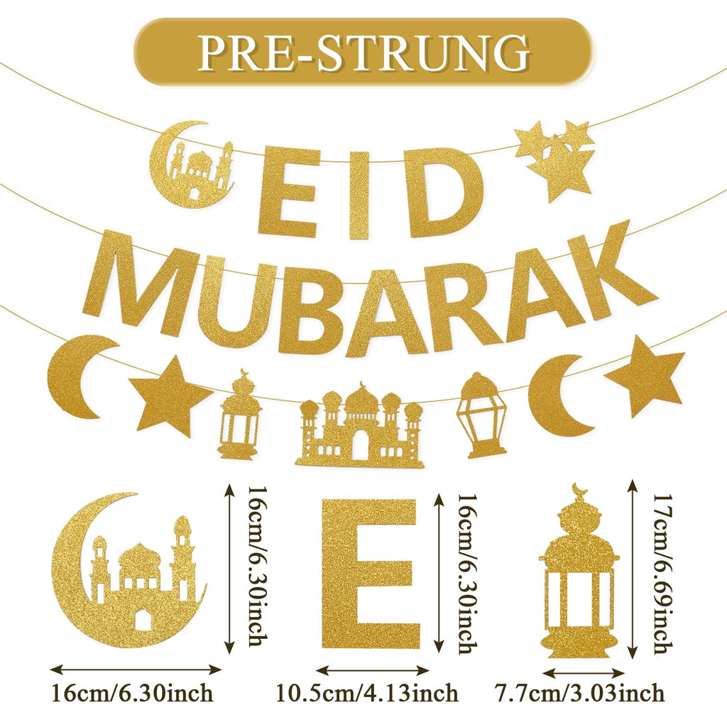 Netnology Eid Mubarak Banner - 10ft Gold Glitter Moon Star Mosque, No DIY Required