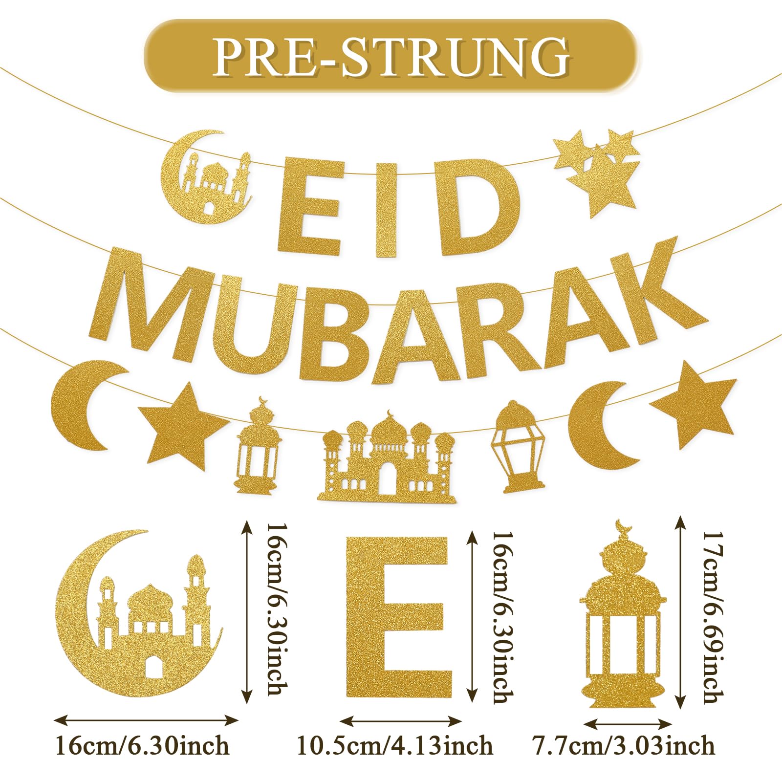 Netnology Eid Mubarak Banner - 10ft Gold Glitter Moon Star Mosque, No DIY Required