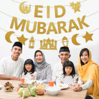 Netnology Eid Mubarak Banner - 10ft Gold Glitter Moon Star Mosque, No DIY Required