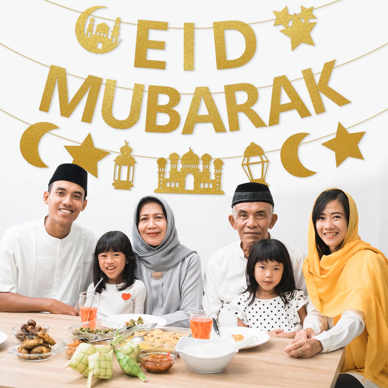Netnology Eid Mubarak Banner - 10ft Gold Glitter Moon Star Mosque, No DIY Required