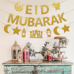 Netnology Eid Mubarak Banner - 10ft Gold Glitter Moon Star Mosque, No DIY Required
