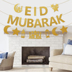 Netnology Eid Mubarak Banner - 10ft Gold Glitter Moon Star Mosque, No DIY Required