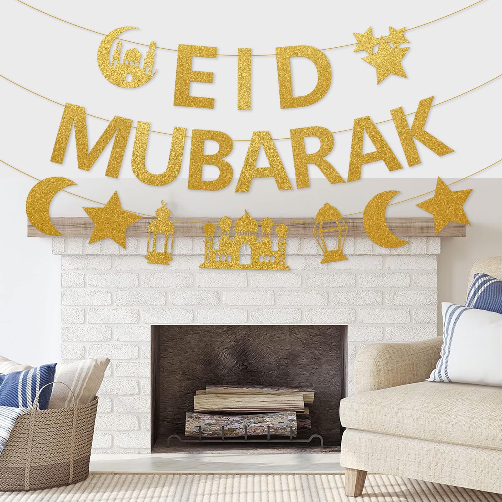 Netnology Eid Mubarak Banner - 10ft Gold Glitter Moon Star Mosque, No DIY Required