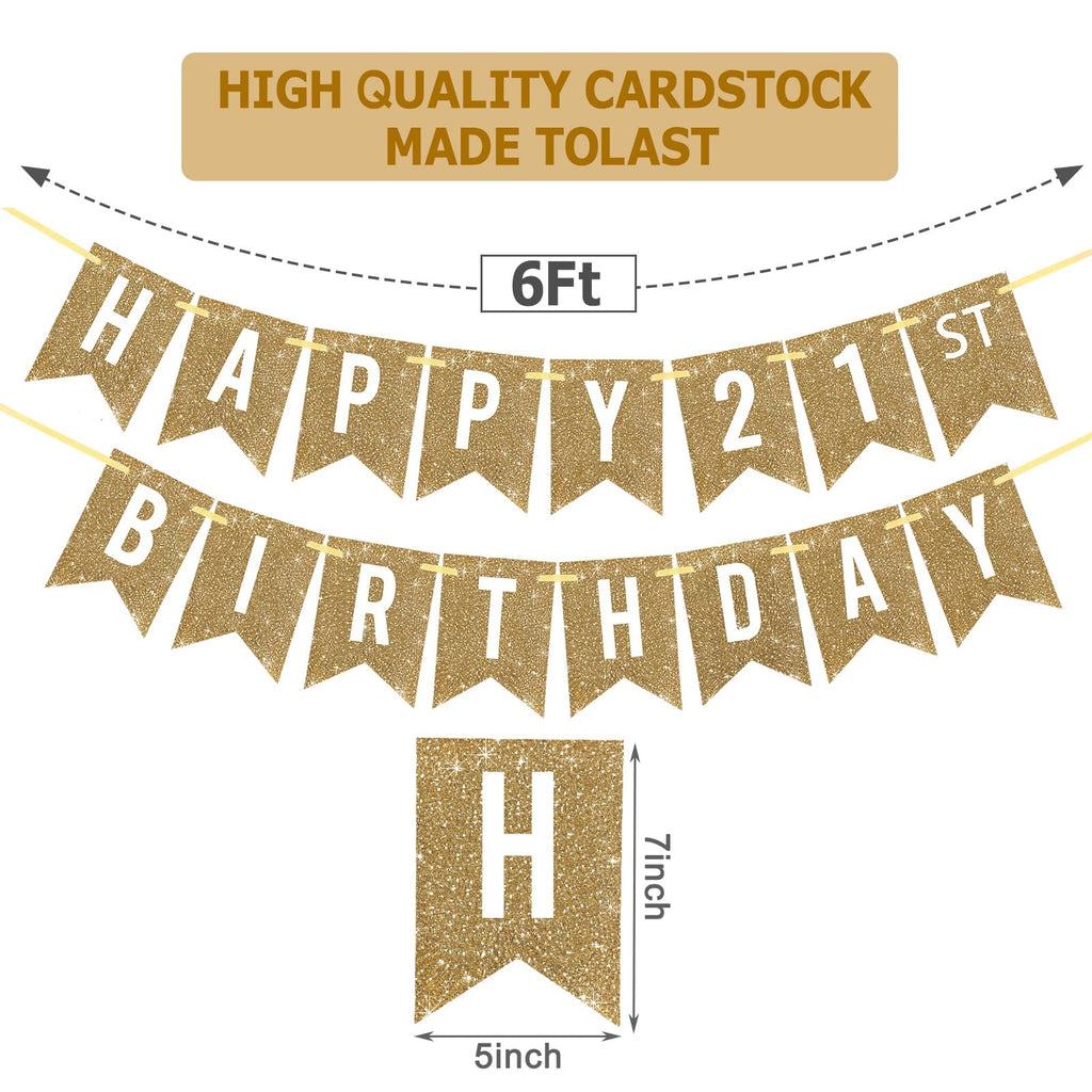 Netnology Gold Happy 21st Birthday Banner – Pre-Strung, 12 ft Glittery Party Sign