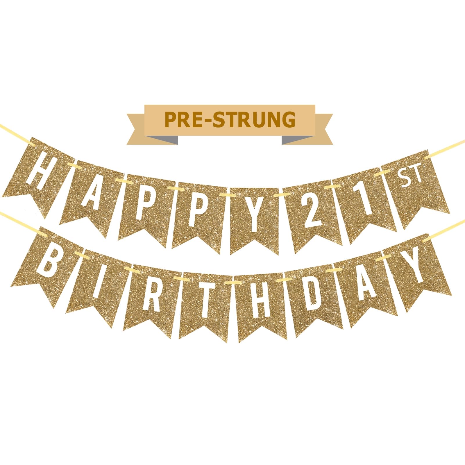 Netnology Gold Happy 21st Birthday Banner – Pre-Strung, 12 ft Glittery Party Sign