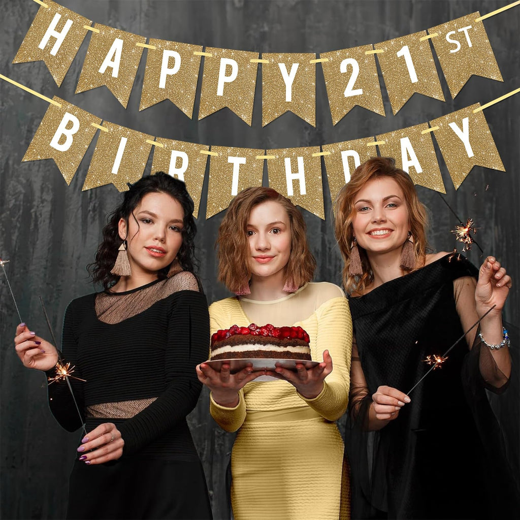 Netnology Gold Happy 21st Birthday Banner – Pre-Strung, 12 ft Glittery Party Sign