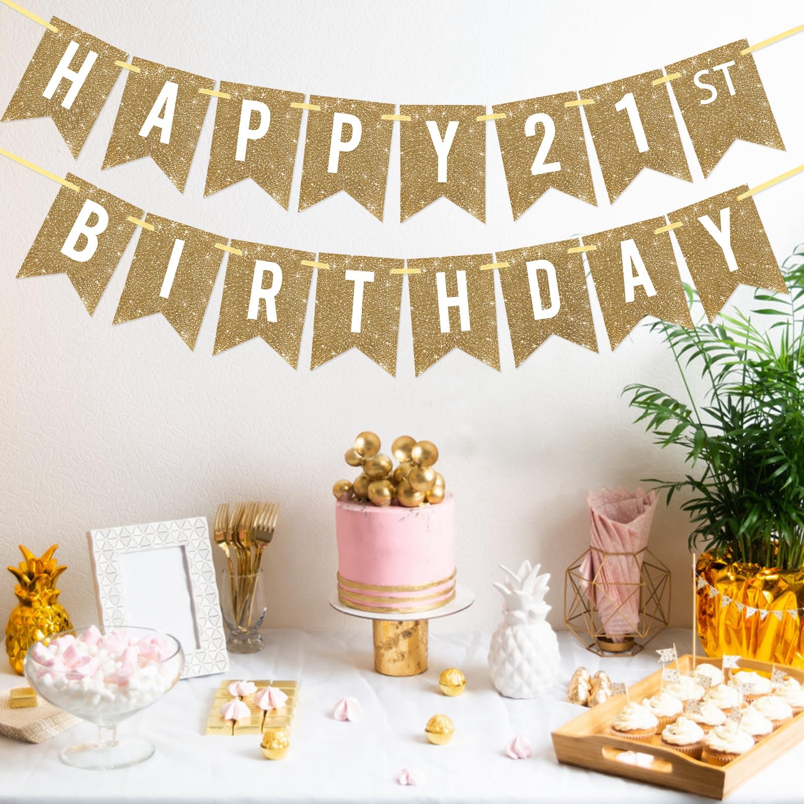 Netnology Gold Happy 21st Birthday Banner – Pre-Strung, 12 ft Glittery Party Sign