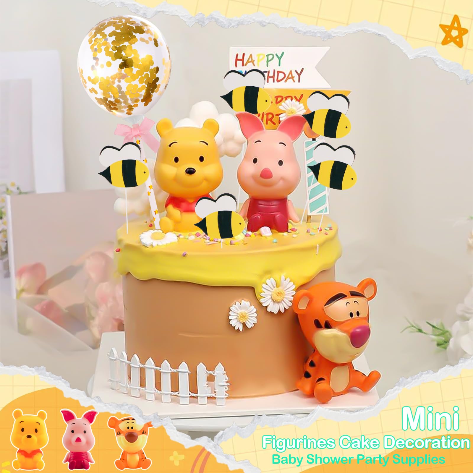 Newmemo Winnie Cake Toppers 12Pcs – Pooh Bear Birthday & Baby Shower Decorations