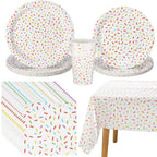 Newtay 97 Pcs Confetti Sprinkles Tableware Set – Tablecloth, Napkins, Plates & Cups for Parties