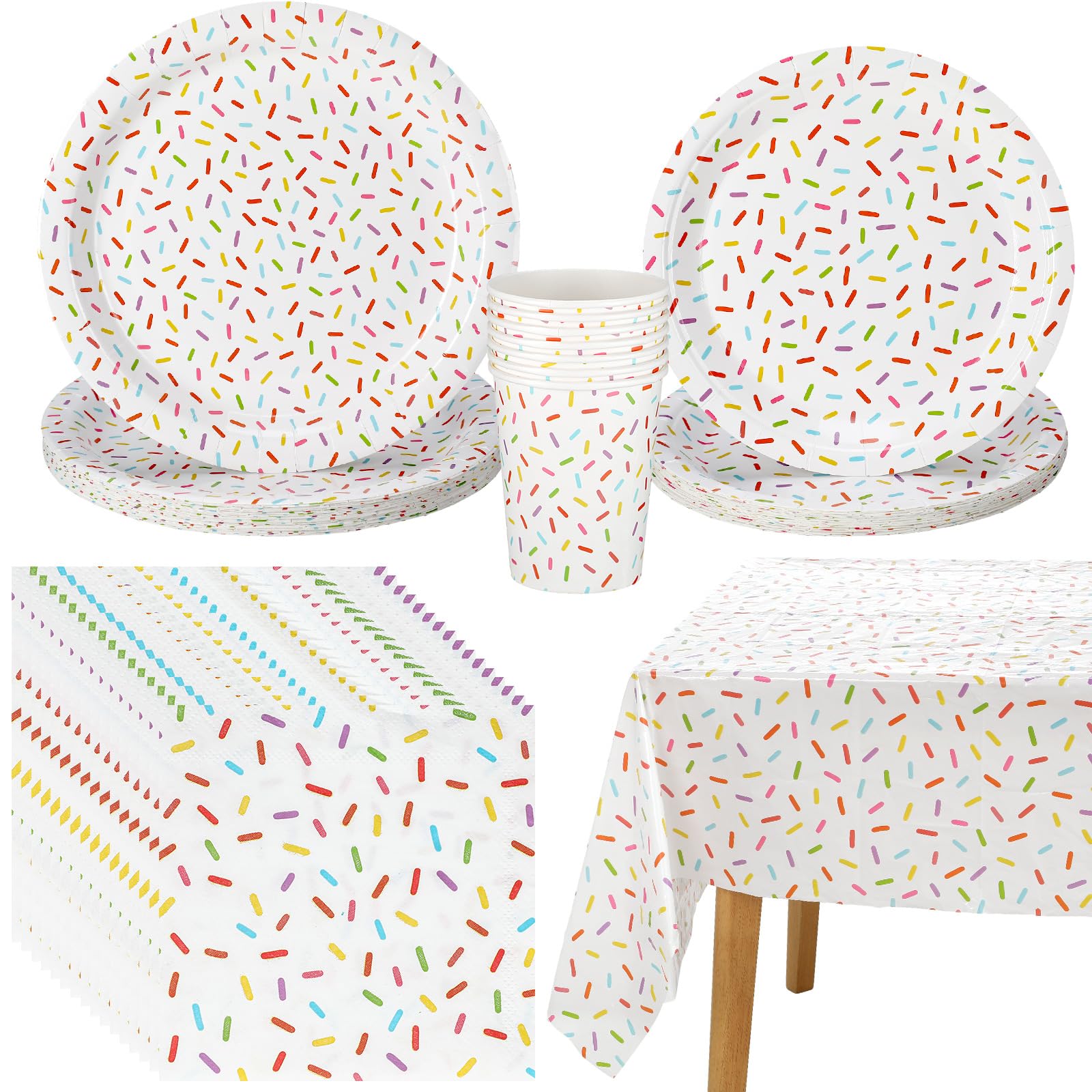 Newtay 97 Pcs Confetti Sprinkles Tableware Set – Tablecloth, Napkins, Plates & Cups for Parties