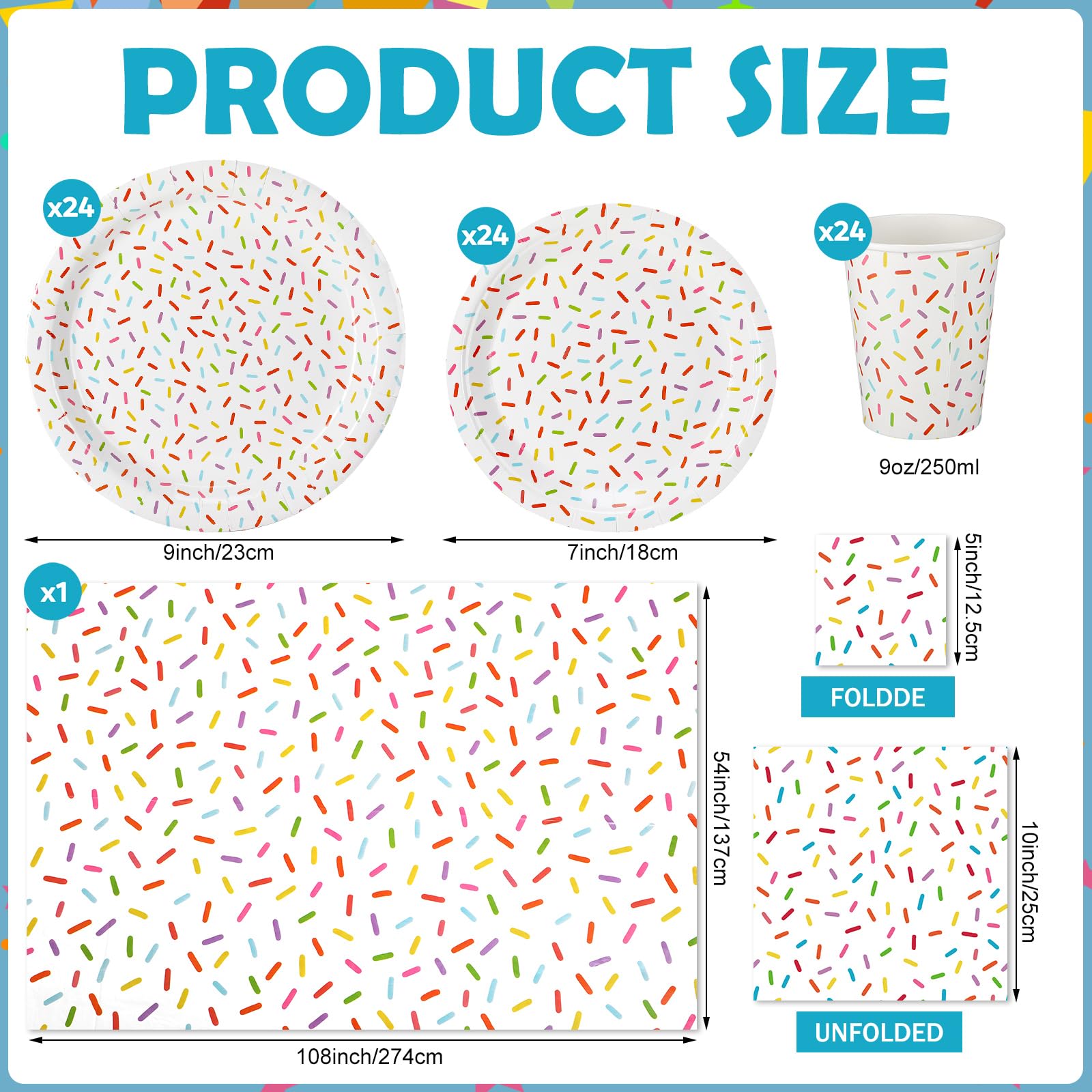 Newtay 97 Pcs Confetti Sprinkles Tableware Set – Tablecloth, Napkins, Plates & Cups for Parties