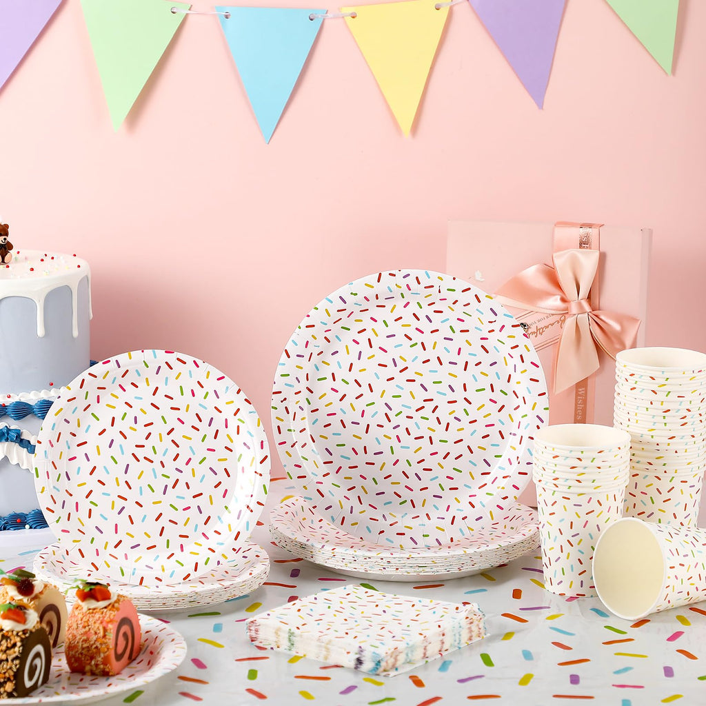 Newtay 97 Pcs Confetti Sprinkles Tableware Set – Tablecloth, Napkins, Plates & Cups for Parties
