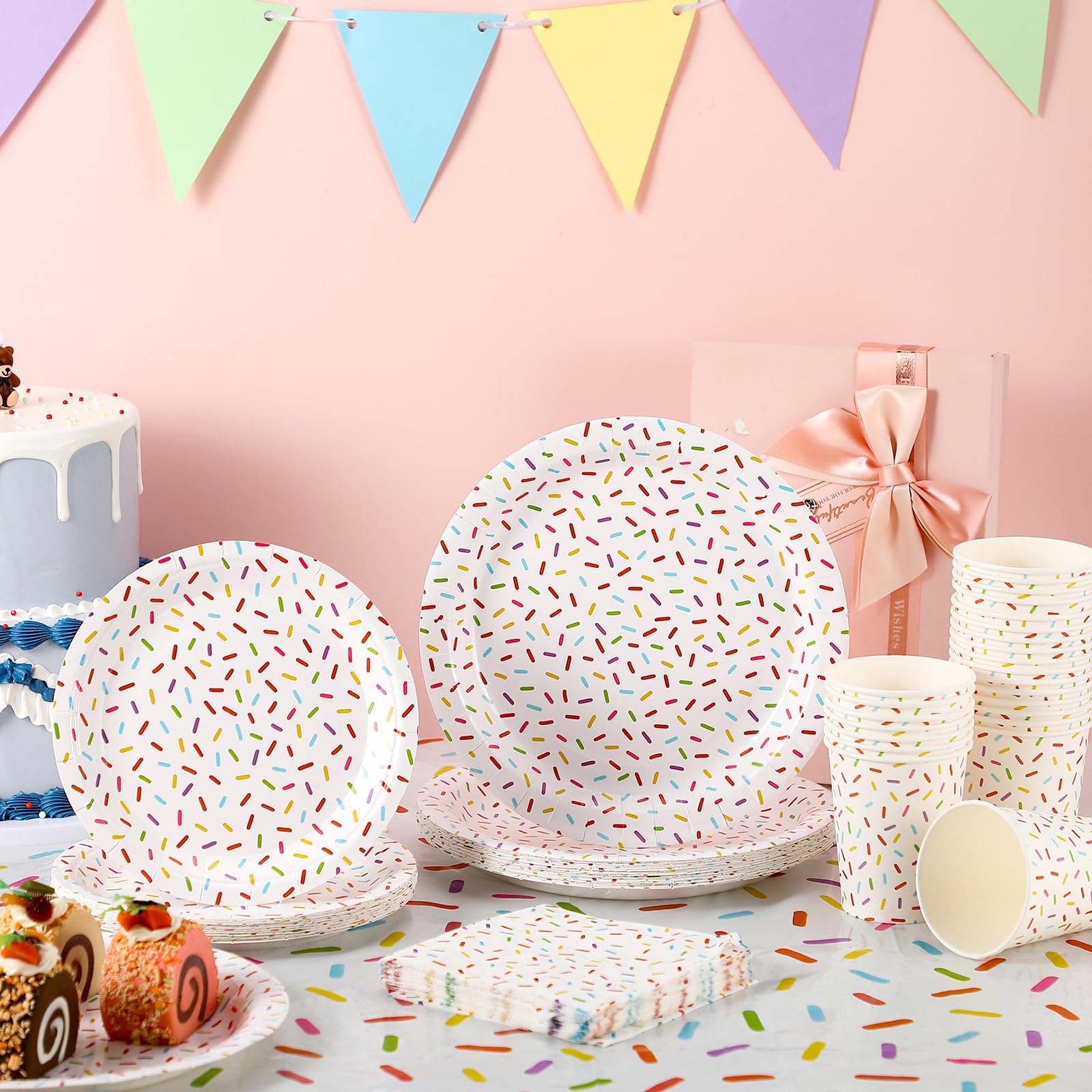 Newtay 97 Pcs Confetti Sprinkles Tableware Set – Tablecloth, Napkins, Plates & Cups for Parties