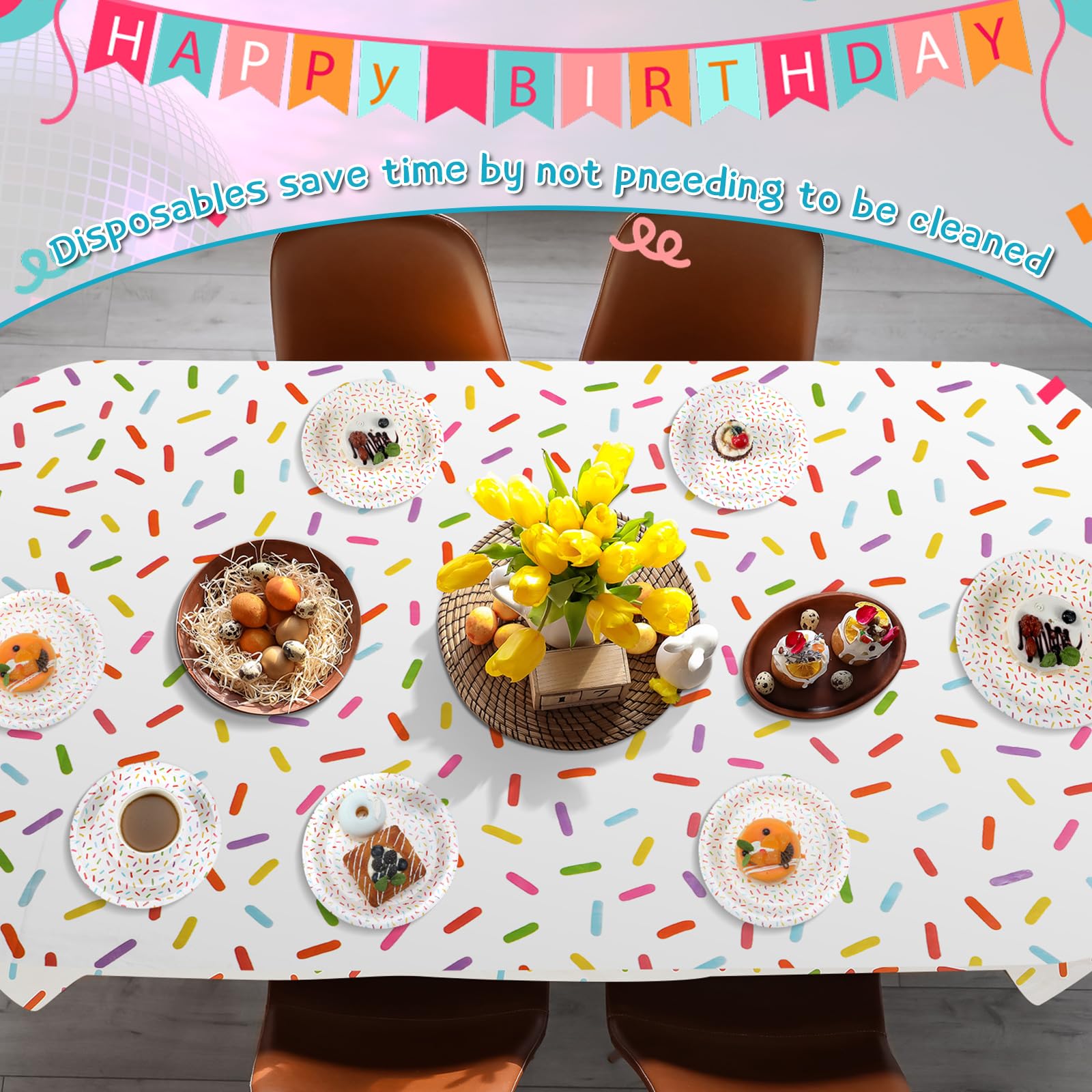 Newtay 97 Pcs Confetti Sprinkles Tableware Set – Tablecloth, Napkins, Plates & Cups for Parties