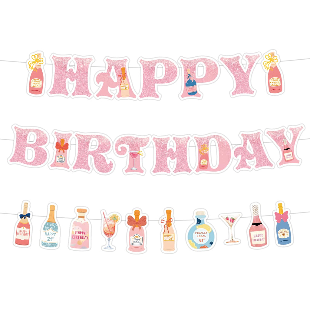 Neyeidru 21st Birthday Decorations | Pink Happy Birthday Banner & Drink Theme Garland