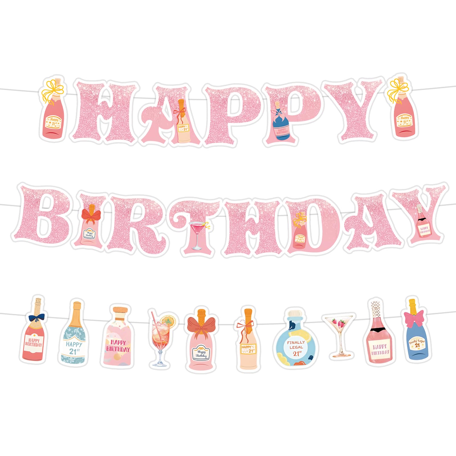 Neyeidru 21st Birthday Decorations | Pink Happy Birthday Banner & Drink Theme Garland