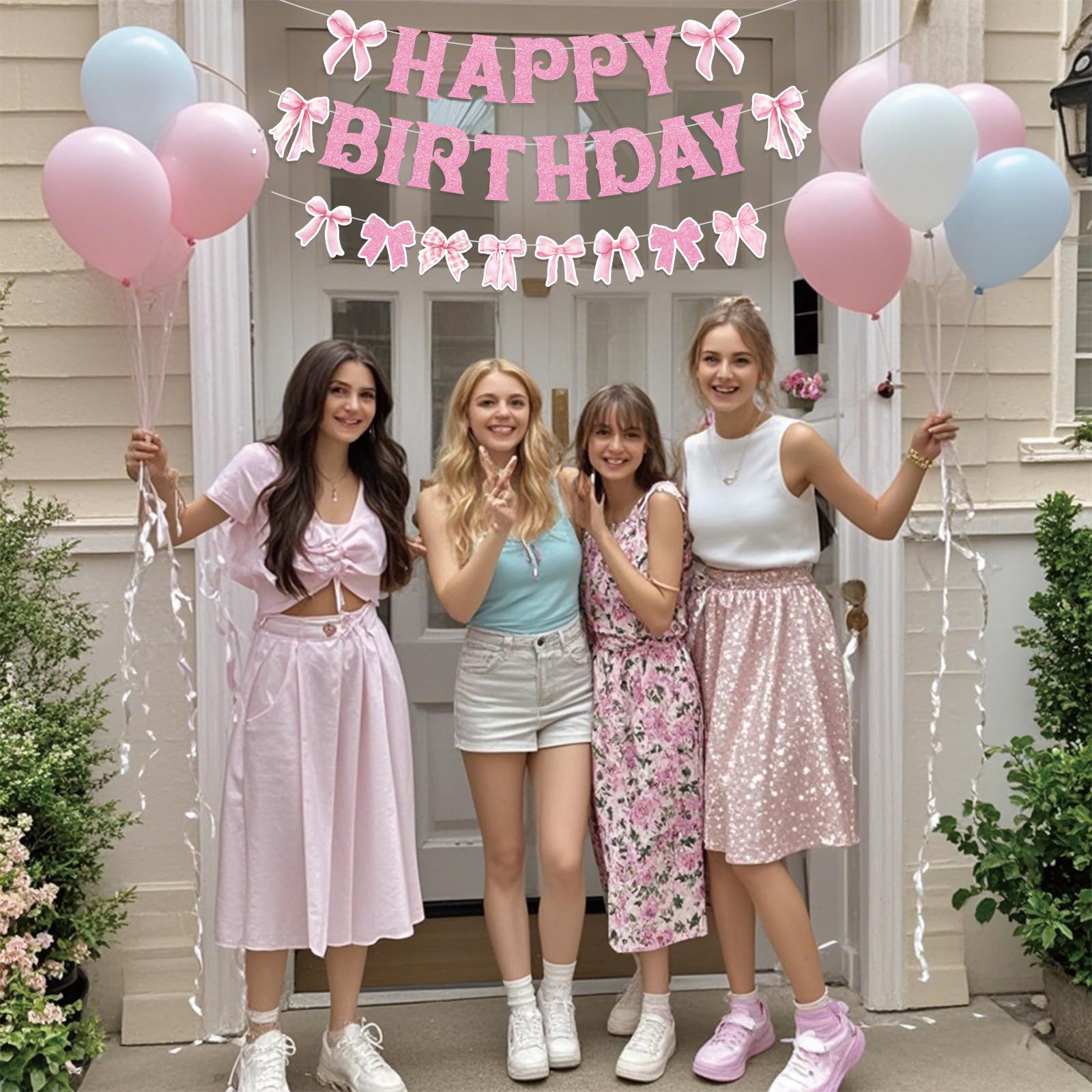Neyeidru Pink Bow Happy Birthday Banner – Coquette Party Decor & Backdrop